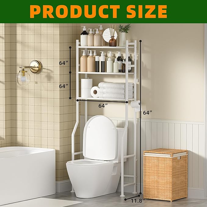 3-Tier Over Toilet Storage with Anti-Tilt Safety System - 150lb Total Capacity Metal Bathroom Shelves Including Paper Holder & 4 Hooks, Space Saving Above Commode Organizer (64" H, White)
