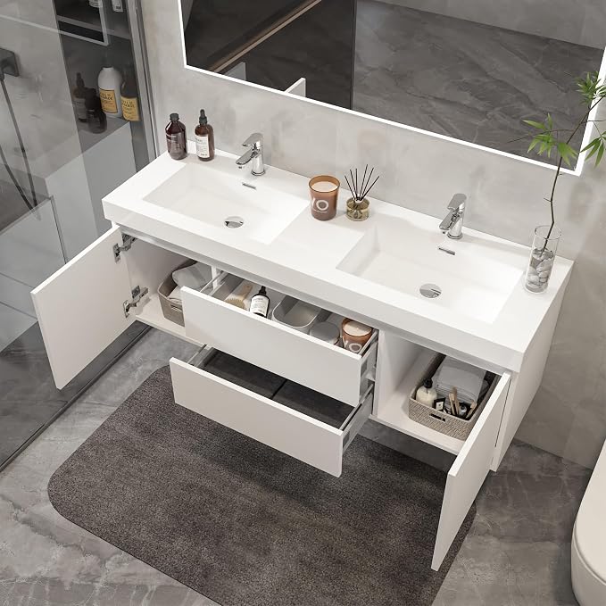 Vanity Art LED Lighted 60 Inch Double Sinks Wall Mounted Bathroom Vanity Set 2 Drawers 4 Shelves Storage Cabinet White Engineered Stone Top Undermount Rectangle Sinks with Sensor Switch