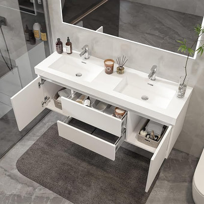 Vanity Art LED Lighted 60 Inch Double Sinks Wall Mounted Bathroom Vanity Set 2 Drawers 4 Shelves Storage Cabinet White Engineered Stone Top Undermount Rectangle Sinks with Sensor Switch
