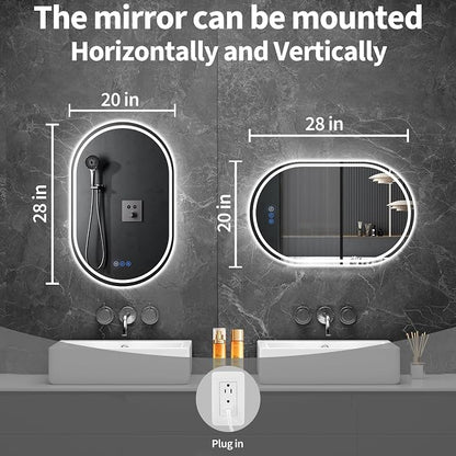 Oval LED Bathroom Mirror, 20"x 28" Frameless Lighted Mirror | LED Mirror with Front Light & Backlit, Anti-Fog, Dimmable Wall Mounted Lighted Mirror, Pill-Shaped Smart Bathroom Mirror