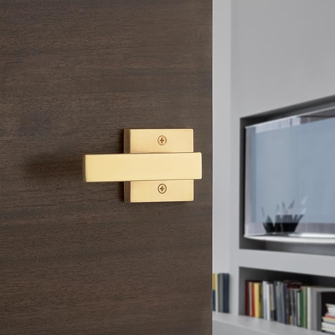 Kwikset Singapore Interior Privacy Door Handle with Lock, Door Lever for Bathroom and Bedroom, Satin Brass Reversible Keyless Push Button Lock Door Lever, with Microban Protection