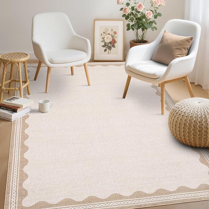 Garvee Scalloped 5x7 Washable Living Room Rug Non Slip Modern Rugs Beige | Ultra Soft Non-Shedding Floor Cover Low Pile Stain-Resistant Bordered Print Throw Carpet for Bedroom Kids Room Dorm