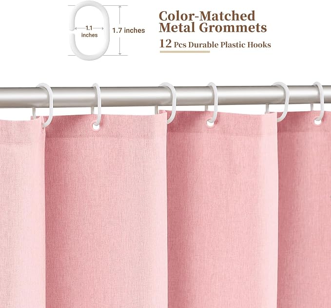 BTTN 72x90 Boho Scalloped Linen Textured Cloth Shower Curtain Set, Pink | Long Size, 230GSM Waterproof Polyester, Heavy Duty Fabric, 12 Plastic Hooks, Elegant Modern Farmhouse Style, Machine Washable