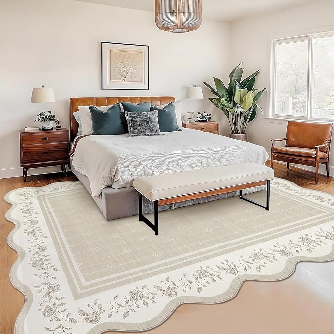 Garvee Washable Rugs for Living Room 8x10 Area Rugs Scalloped Rug Beige | Modern Bordered Non Slip Large Kids Bedroom Carpet Indoor Stain Resistant Floor Cover for Bedroom Dining Room Office Nursery
