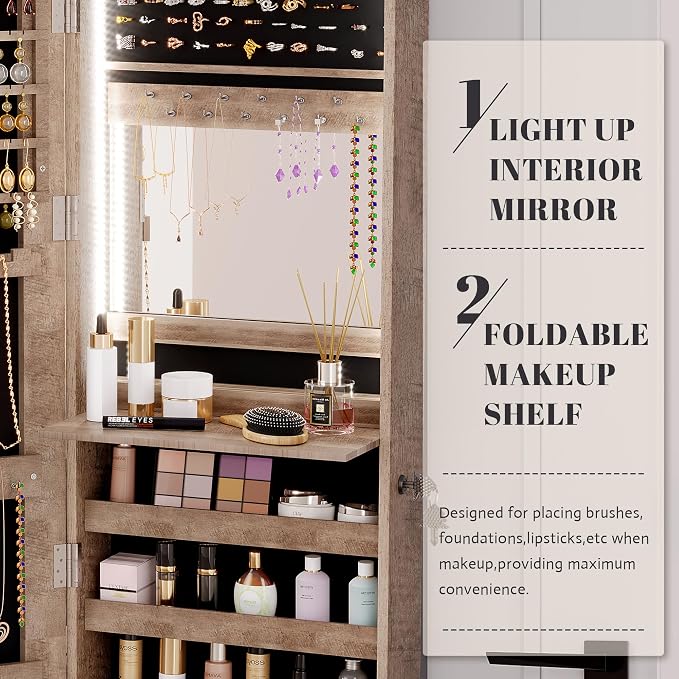 Vlsrka 47.2" LED Jewelry Cabinet, Wall Mounted Jewelry Mirror Organizer | Over The Door Hanging Jewelry Armoire Organizer, Lockable Mirror with Jewelry Storage, 4 Drawers, 5 Shelves for Women (Wood)