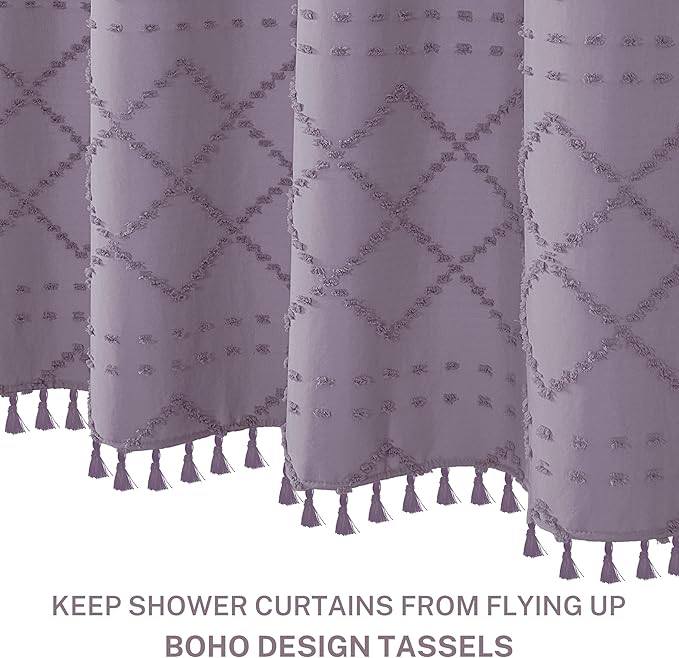Extra Long Purple Boho Shower Curtain Woven Fabric Cute 84 Inch Shower Curtain, 72 x 84 Tufted Chevron Textured Striped Modern Farmhouse Minimalist Cloth Shower Curtain for Bathroom