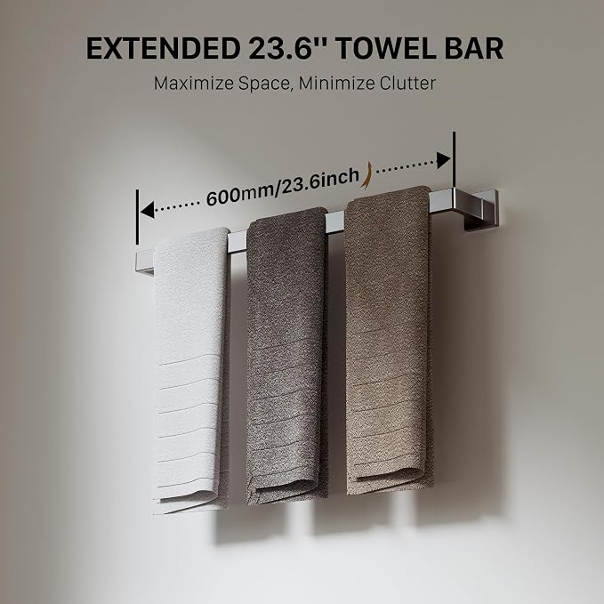 5-Piece Brushed Nickel Bathroom Accessories Set, 23.6 Inch Bathroom Hardware Set, Stainless Steel Bath Towel Bar Set, Toilet Paper Holder with Shelf, Towel Hooks, Towel Ring Wall Mounted