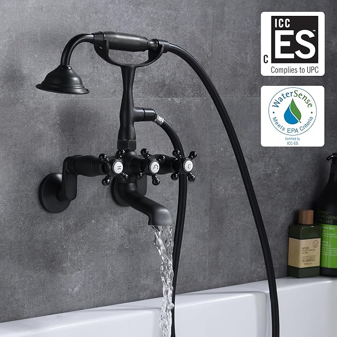 sumerain Vintage Wall Mount Clawfoot Tub Faucet Matte Black with Hand Shower, 3" to 9" Adjustable Holes Distance