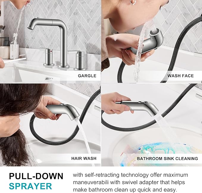 KENES Widespread Bathroom Faucet with Sprayer, Brushed Nickel Bathroom Sink Faucet with Pull Down Sprayer, 8 Inch 3 Hole Pull Out Bathroom Faucet with Pop Up Drain & Supply Lines LJ-9058A