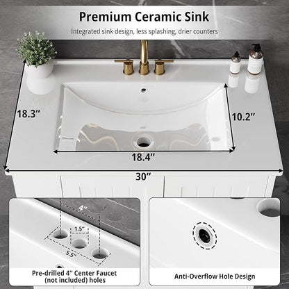 IRONCK Bathroom Vanity with Ceramic Sink, 30" Bathroom Cabinet, White | Features a Ceramic Sink, 3 Doors, 1 Drawer and Flexible Side Storage for Organized Bathroom Storage