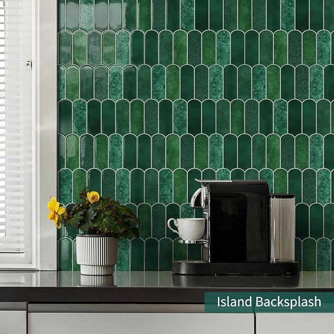 10-Sheet Upgraded Thicker Peel and Stick Kitchen Backsplash Tiles | Waterproof Self-Adhesive Vinyl Wall Tile Stick on Backsplash for Kitchen,Bathroom,Fireplace and RV(Forest Green,12"×12")