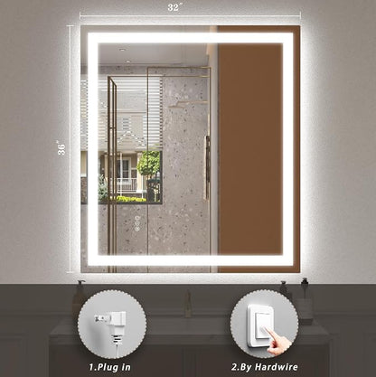 32x36 LED Lighted Bathroom Mirror for Vanity Wall | Front Light and Backlit, Anti-Fog, Memory, 3 Color, Tempered Glass, Dimmable, Rectangular, UL, Horizontal/ Vertical Mounted
