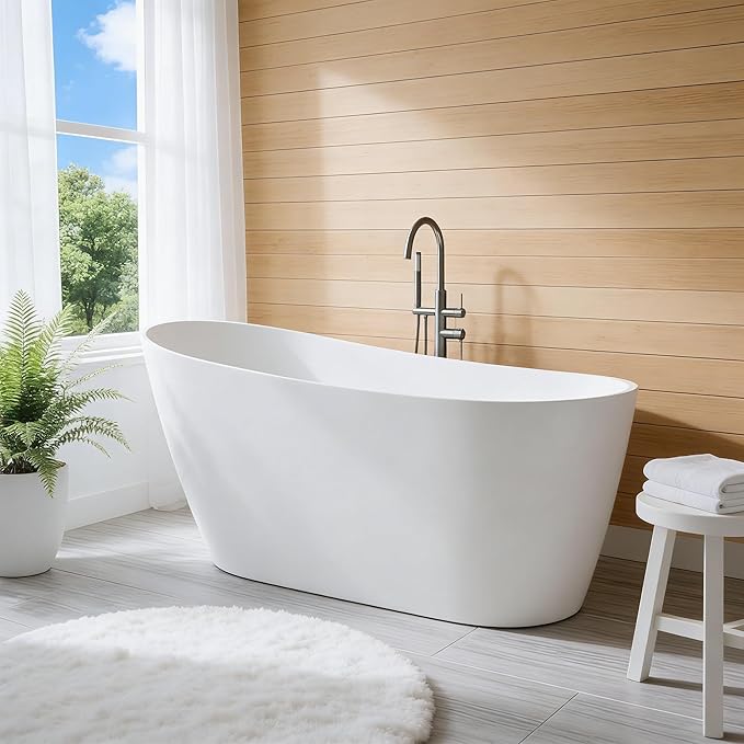 67 Inch Acrylic Freestanding Bathtub, Deep Soaking Tub with Non-Slip Base, cUPC Certified Free Standing Modern Bath Tub with Chrome Drain, Easy-Clean White Soaking Tub for Bathroom, Home Spa
