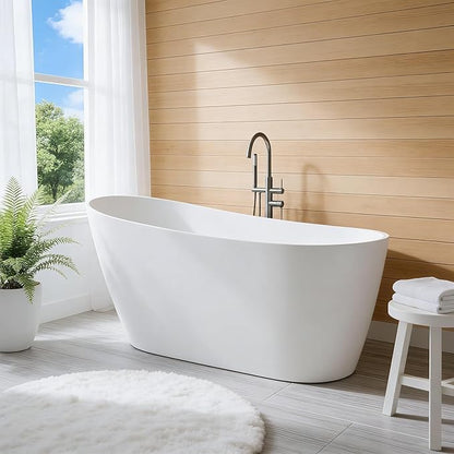 67 Inch Acrylic Freestanding Bathtub, Deep Soaking Tub with Non-Slip Base, cUPC Certified Free Standing Modern Bath Tub with Chrome Drain, Easy-Clean White Soaking Tub for Bathroom, Home Spa