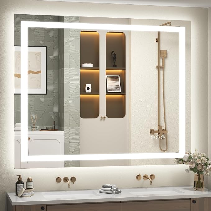 44x36 LED Lighted Bathroom Mirror for Vanity Wall | Front Light and Backlit, Anti-Fog, Memory, 3 Color, Tempered Glass, Dimmable, Rectangular, UL, Horizontal/ Vertical Mounted