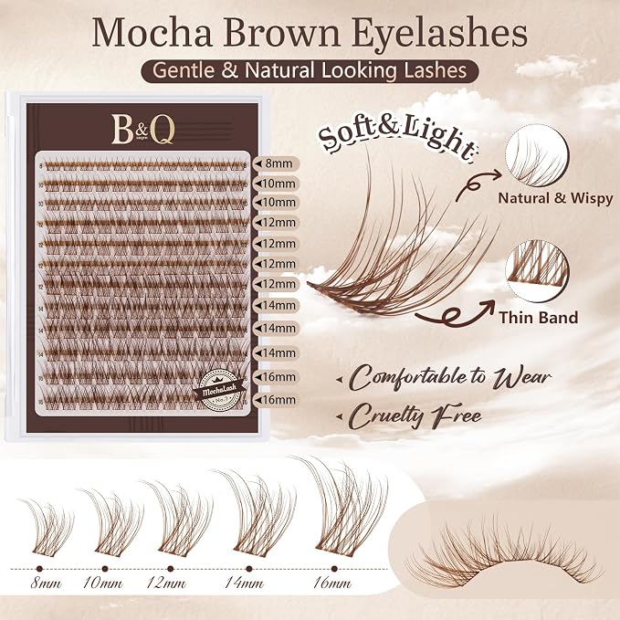 B&Q Brown Lash Clusters, Mocha C Curl Natural Look, 144 Pcs | Brown lash clusters C curl 8-16mm, soft natural look, versatile for all hair colors, DIY daily wear work wedding party travel