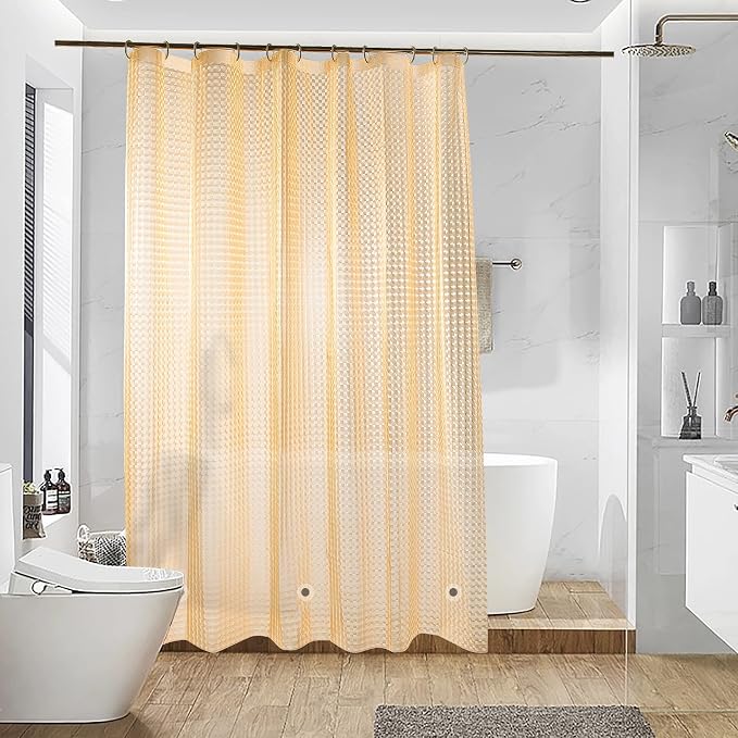 NTBAY EVA Shower Curtain Liner, 72 x 72, 6 Gauge, Semi Clear Yellow Check | Water-repellent EVA Liner with 3 Bottom Magnets, 12 Reinforced Grommets, and 12 Plastic Hooks