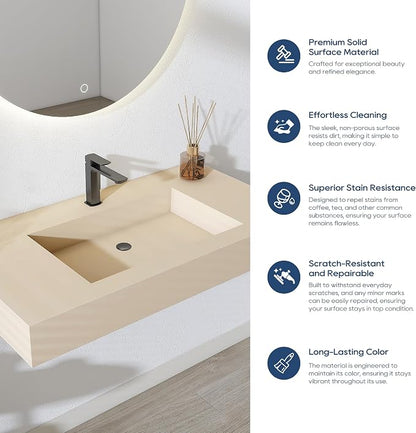 SJ STAR&JANE 35" x 19" in Solid Surface Bathroom Sink, Wall-Mount or Countertop Vessel Sink, Rectangle Floating Vanity Sink in Milk-Coffee, Pre-installed Faucet Holes, Durable Modern Design
