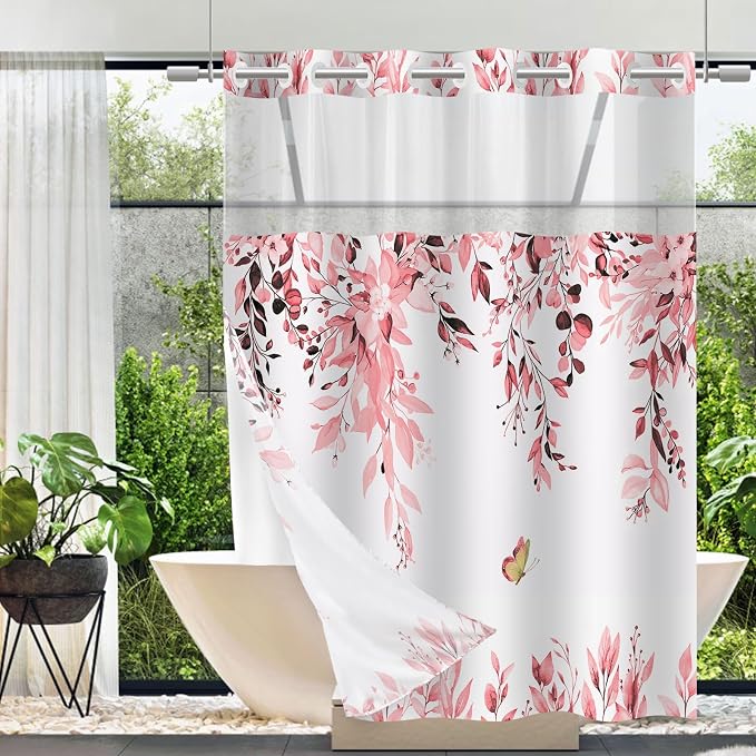 No Hook Shower Curtain and Liner Set, Pink Eucalyptus 71x74 | Floral Design, with Snap in Liner, Waterproof, Machine Washable, Quick-Drying, for Hotel Bathroom