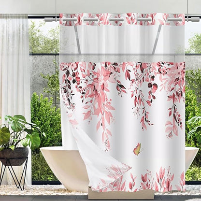 No Hook Shower Curtain and Liner Set, Pink Eucalyptus 71x74 | Floral Design, with Snap in Liner, Waterproof, Machine Washable, Quick-Drying, for Hotel Bathroom