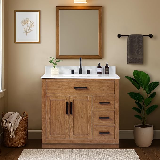 36-inch Dark Walnut Bathroom Vanity with Sink, Solid Wood, 0.79-inch Stone Countertop and Backsplash, 4 Drawers, 2 Soft Closing Doors