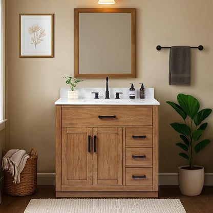36-inch Dark Walnut Bathroom Vanity with Sink, Solid Wood, 0.79-inch Stone Countertop and Backsplash, 4 Drawers, 2 Soft Closing Doors