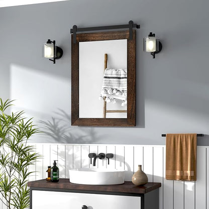 COGOOD Farmhouse Bathroom Mirrors for Over Sink - 30 x 22 Black Brown | Rustic Barn Door Wood Framed Vanity Mirror for Entryway, Living Room, Bedroom, Dresser Wall Decor