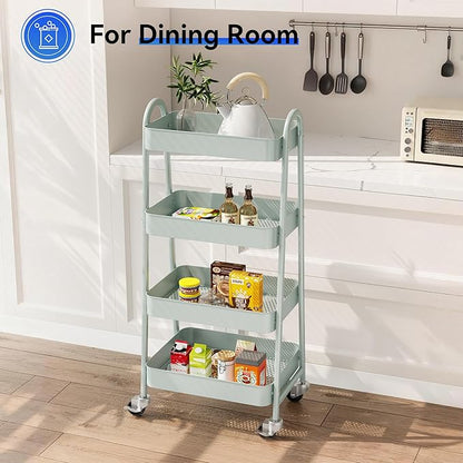OLIXIS Metal 4 Tiers Utility Rolling Cart, Mobile Storage Shelf with Lockable Caster Wheels, Organization for Livingroom, Bathroom, Kitchen, & Narrow Places, 4-Tier Green