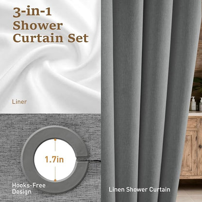 Charcoal Grey Ringless Linen Look Shower Curtain with Snap Liner 72x75 | 3 in 1 Hotel Shower Curtain Set, Removable Liner, Waterproof & Washable, Mesh Top Window, Durable Fabric, Easy to Install
