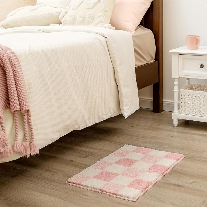 GRANNY SAYS Checkered Pink Bathroom Rug, 24" x 16", Cute Bath Mat | Soft Microfiber Bath Décor Rug, Absorbent, Machine Washable, Non slip TPR Backing, Fun bathroom rugs for Kid, Girl, Teen