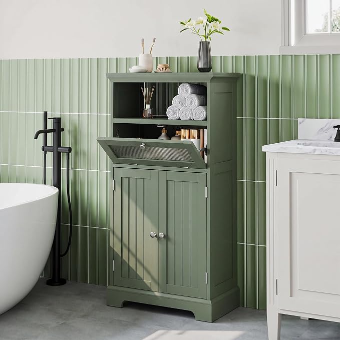 ChooChoo Bathroom Cabinet with Flip Glass Drawer,Freestanding | Adjustable Shelf & 1 Open Storage, Living Room, Hallway, Green