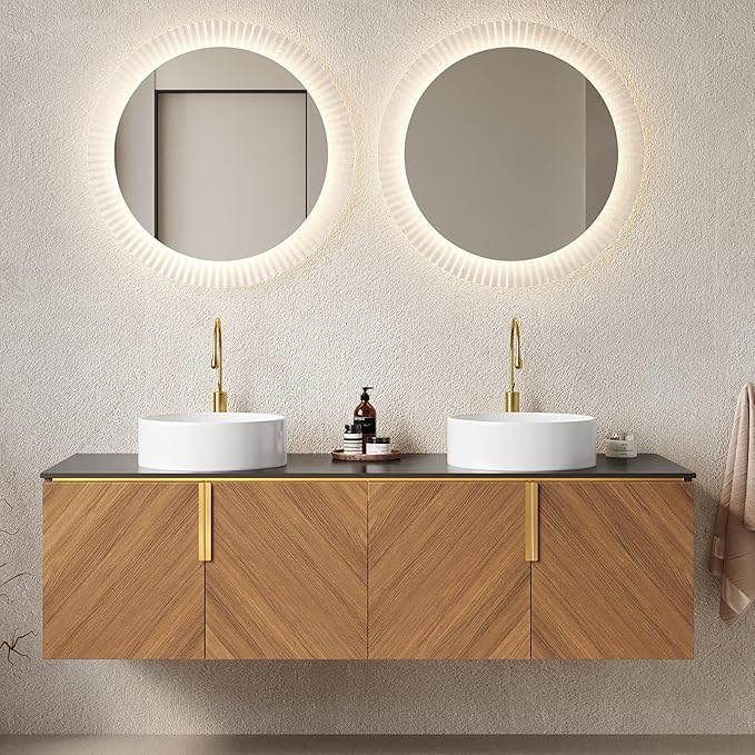 Bathroom Vanity with Double Sink, Floating Vanity with Round Vessel Sink 60 Inch, Wall-Mounted Plywood Bathroom Sink Cabinet with 4 Doors, Black Sintered Stone Countertop, Brown Oak