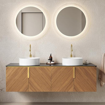 Bathroom Vanity with Double Sink, Floating Vanity with Round Vessel Sink 60 Inch, Wall-Mounted Plywood Bathroom Sink Cabinet with 4 Doors, Black Sintered Stone Countertop, Brown Oak