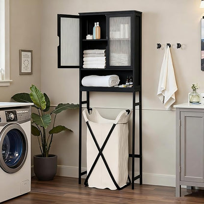 BAMBANG Over The Toilet Storage Cabinet, Bamboo Bathroom Over Toilet Storage Organizer with Adjustable Shelves and Double Doors, Above Toilet Storage Cabinet, Black