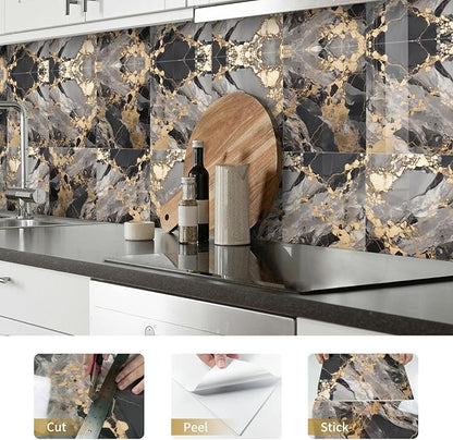 10 Sheets Marble Peel and Stick Backsplash Tile, 12"x12" Waterproof PVC Self Adhesive Tile Shower Wall Panels for Bathroom, Kitchen, Living Room (Metallic Black)
