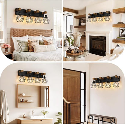 VbiTmn Bathroom Light Fixtures, 4 Light Black Farmhouse Wood Vanity Lights | Rustic Design, Diamond Metal Shades, Easy to Install, Wall Sconces for Bathroom, Bedroom, Makeup Area, Over Vanity Mirror
