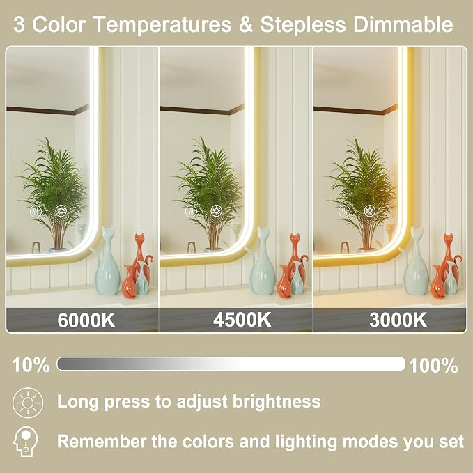 30"x30" Gold LED Bathroom Mirror with Lights,3000K/4500K/6000K | Stepless Dimmable, Anti-Fog, Memory Function, Aluminum Frame Wall Mount Lighted Vanity Mirror, ETL Listed, IP54 Waterproof