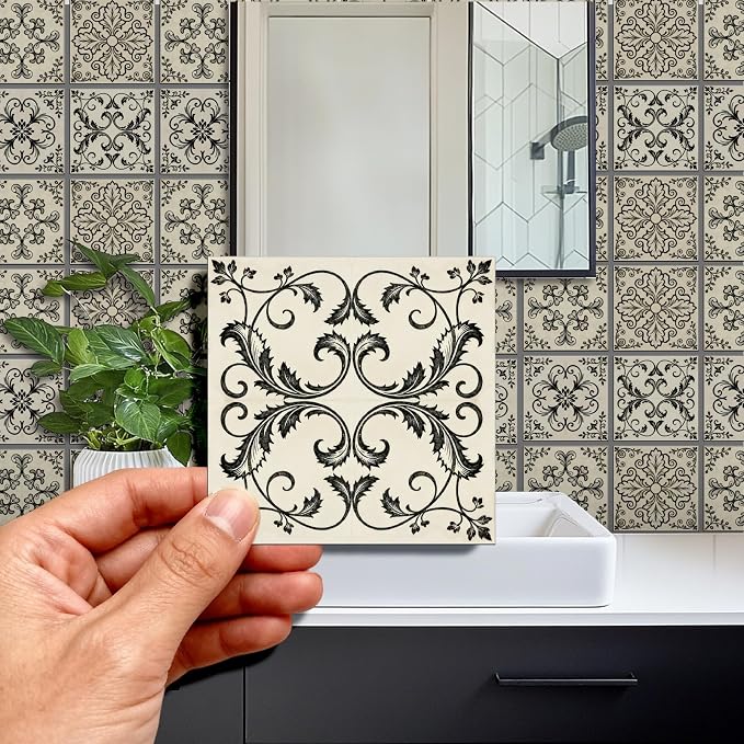 36 Pcs 4 Style Retro Pattern Peel and Stick Wall Tile Sticker Line Drawings Pattern Wall Stickers Waterproof Self Adhesive Stick on Tile Decals for Kitchen Bathroom Art Decor, 4×4 Inch
