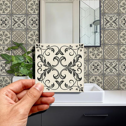 36 Pcs 4 Style Retro Pattern Peel and Stick Wall Tile Sticker Line Drawings Pattern Wall Stickers Waterproof Self Adhesive Stick on Tile Decals for Kitchen Bathroom Art Decor, 4×4 Inch