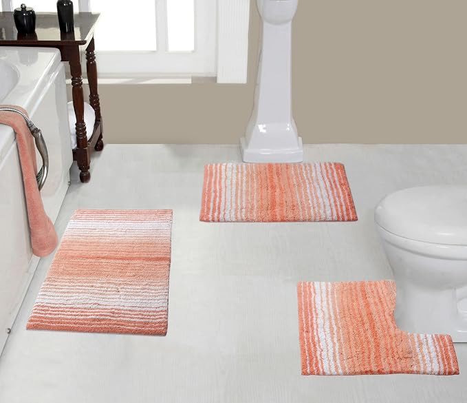 Home Weavers 100% Cotton Natural Gradiation Rug Collection | Washable, Non-Slip, Coral 3-Piece Indoor Set with Contour, Bath & Kitchen Mat / Rug
