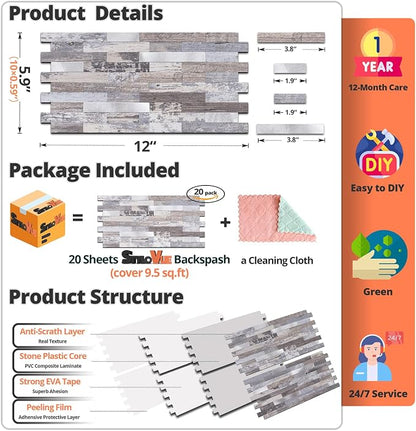 StyloVue 20 Sheets Peel and Stick Backsplash, Distressed Wood with Metal Silver Self Adhesive Wall Tiles Upgrade Your Kitchen Backsplash, RV, Fireplace