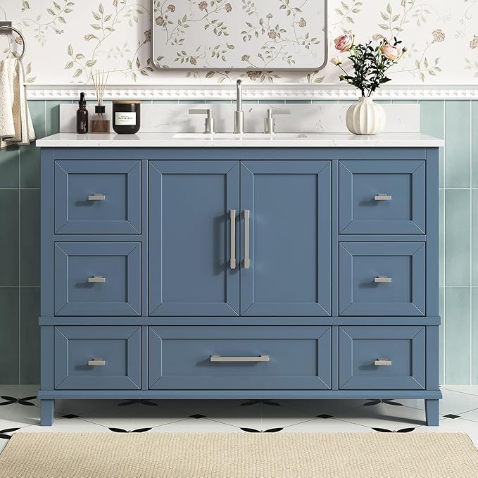 48 Inch Bathroom Vanity with Sink, Fully Assembled Bathroom Vanities with Soft Closing Doors & Dovetail Drawers, 48 Inch Vanity with Sink, Solid Wood, Engineered Stone Top, Steel Blue
