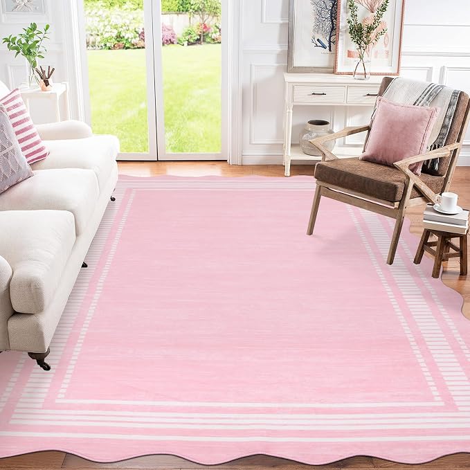 Garvee Scallop Area Rug 5x7 Washable Rugs for Bedroom Neutral Rug Pink | Rugs for Living Room, Non-Slip Soft Carpet for Bedroom, Scalloped Low-Pile Solid Rug Accent Rug for Dining Room Home Office
