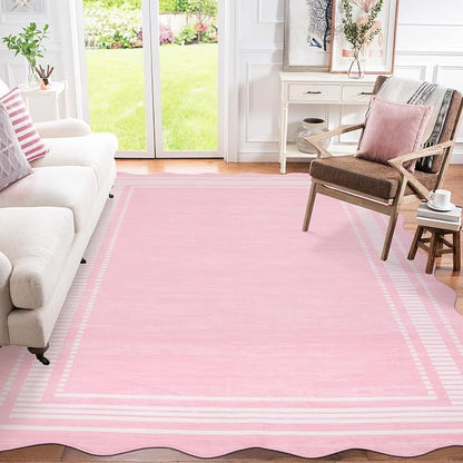 Garvee Scallop Area Rug 5x7 Washable Rugs for Bedroom Neutral Rug Pink | Rugs for Living Room, Non-Slip Soft Carpet for Bedroom, Scalloped Low-Pile Solid Rug Accent Rug for Dining Room Home Office