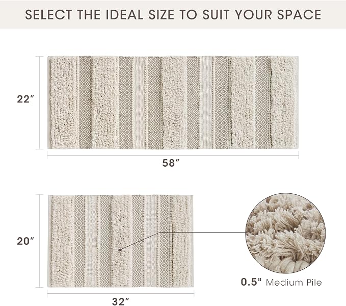 INK+IVY Asher Non-Slip Bath Rug Absorbent Quick Dry, 20 x 32, Natural | Soft Pile, Machine Washable, Striped Pattern, Boho, OEKO-TEX Certified, Hand-Woven Texture, for Bathroom, Shower Room