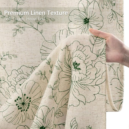 Farmhouse Floral Linen Shower Curtain, Vintage Green Embroidered Pattern Rustic Shower Curtains for Bathroom, Tan Taupe,72x72