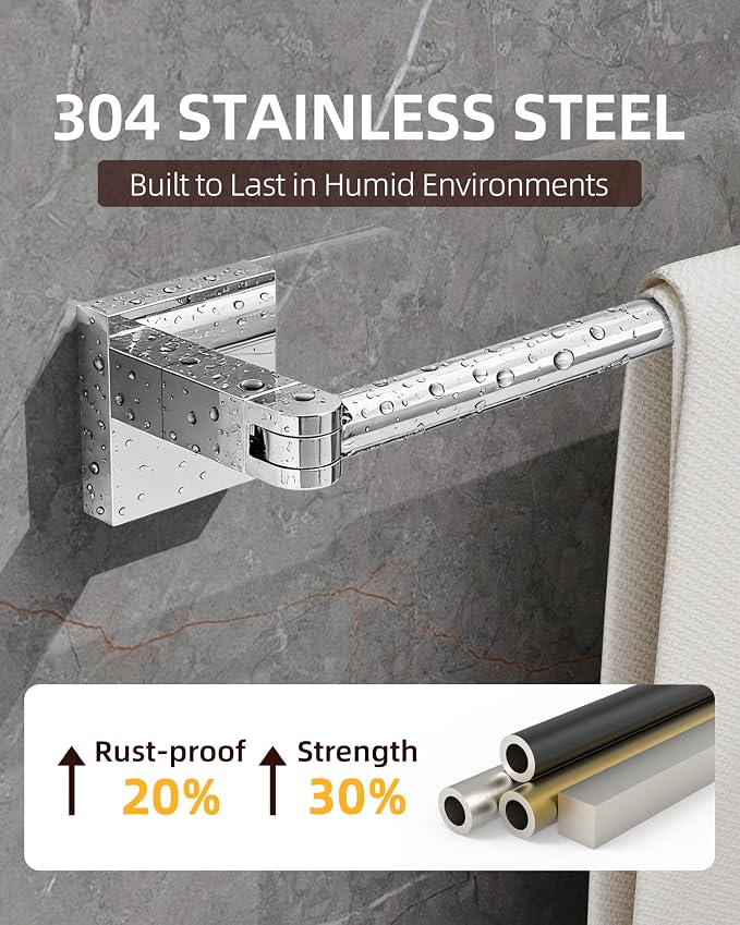 RUACQ Adjustable Towel Bar, Adhesive or Drill Wall Mount Towel Rack, Chrome | Adjust 15.8 to 26 Inch Towel Racks for Bathroom, 304 Stainless Steel Bath Towel Holder, Rustproof, Square Base, Heavy Duty
