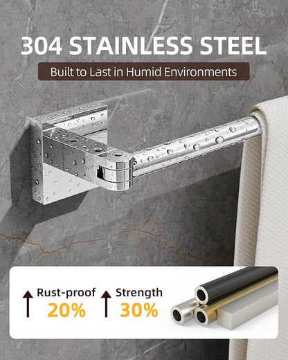 RUACQ Adjustable Towel Bar, Adhesive or Drill Wall Mount Towel Rack, Chrome | Adjust 15.8 to 26 Inch Towel Racks for Bathroom, 304 Stainless Steel Bath Towel Holder, Rustproof, Square Base, Heavy Duty