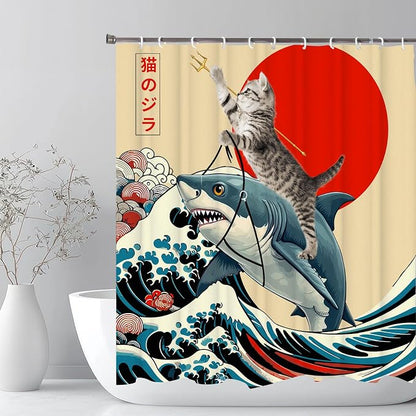 Funny Japanese Cat Shower Curtain, Vintage Cat Riding Shark Japan Anime Sunset Wave Waterproof Shower Curtain with Hooks, Animal Fabric Shower Curtains Bathroom Decor 72X72inches