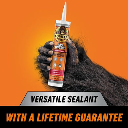 Gorilla 100% Silicone Caulk, Kitchen & Bath Sealant, 10oz Cartridge, Clear | Waterproof & Mold Resistant, Flexible Seal Prevents Shrinking, Great for Showers, Tubs, and Sinks